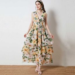 Bohemian Vacation Long Dress Women's Summer V-Neck Sleeveless Backless Fashion Cascading Ruffle Floral print Maxi 210529