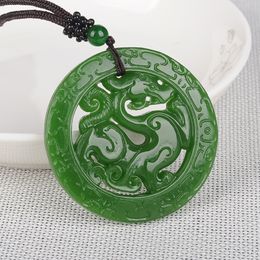 Chinese Xinjiang Green Jade Double Side Hollow Dragon Pendant Hand Carving Necklace Fashion Amulet Luck Gifts Men Sweater Chain