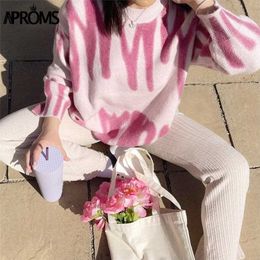 Aproms Elegant Korean Fashion Rose Stripe Print Long Sweater Women Winter Streetwear Pink Knitted Pullovers Loose Outerwear 211011