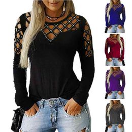 Women's Autumn And Winter Fashion Hollow Iron Drill Crew Neck Long Sleeve T-Shirt Street Sexy Pullover Top Plus Size 210522
