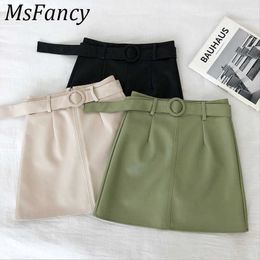 Msfancy Leather Mini Skirts Women High Waist Solid Color Pu A-line Micro Skirt Mujer Faldas Matching Belt Streetwear 210604