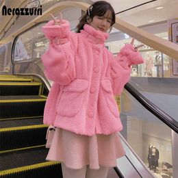 Nerazzurri Kawaii white soft fluffy faux fur jacket women long sleeve zipper pockets Pink coats and jackets women fashion 211007