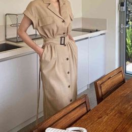 Women Front Button Midi Shirt Dress Solid Sashes Short Sleeve Casual Belt Waist Office Lady Summer Sundress 210515