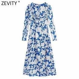 Zevity Women Fashion Square Collar Leaves Print High Split Midi Dress Female Long Sleeve Party Vestido Chic Dresses DS5072 210603