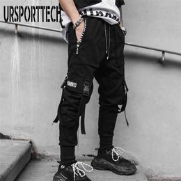 Black Cargo Pants Hip Hop Joggers Men Loose Harem Multi-pocket Ribbon Trousers Casual Streetwear Sport for 210715