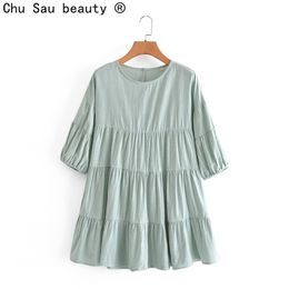 Summer Pullover O Neck Short Sleeve Stitching Fashion Loose Ruffled Cropped Top Women's Pure Color Casual Dress 210514