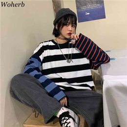 Woherb Oversized Cotton Long Sleeve T Shirt Striped Print Contrast Tees Women and Man Autumn Streetwear Harajuku Tshirts 210330