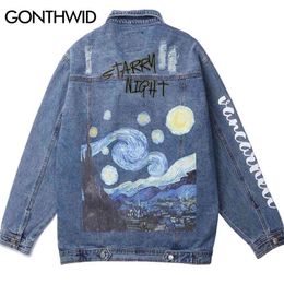 GONTHWID Multi Pockets Van Gogh Starry Night Embroidery Print Distressed Destroyed Denim Jean Jackets Coats Hip Hop Streetwear 210811