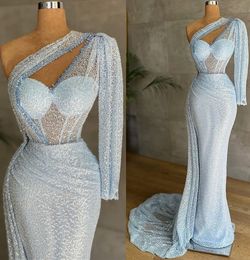 Aso Ebi 2021 Arabic Plus Size One Shoulder Beaded Prom Dresses Sequined Long Sleeve Evening Formal Party Second Reception Bridesmaid Gowns Dress ZJ204