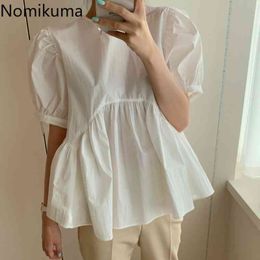 Nomikuma Unicolor Casual Blouse Women Back Cut Out Lace Up White Shirts O Neck Short Puff Sleeve Tops Korean Style Blusas Mujer 210514