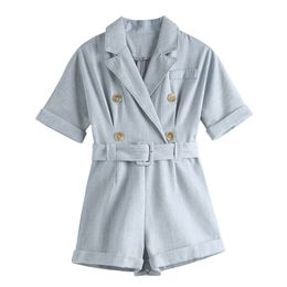 Blue Pink Short Sleeve Playsuits Rompers Summer Beach Sash Notch Collar Double Breasted J0050 210514