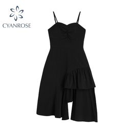 Black Spaghetti Strap Dress Women Hem Irregular Ruffle Design Vintage Beach Midi Strapless Party Club Spring Slim Vestidos 210515