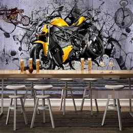 Custom Mural 3D Stereoscopic Yellow Motorcycle Broken Wall Decor Painting Living Room Restaurant Cafe Background Po Wallpaper 210722