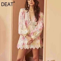 DEAT summer fashion women clothes lantern sleeves printed ruffles high waist hollow out dress female vestido WR52009L 210428