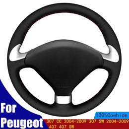 Steering Wheel Covers DIY Hand-stitched Car Cover Black Genuine Leather For 307 CC 2004-2009 SW 407