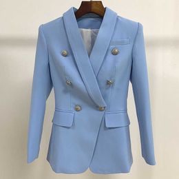 New Sky Blue Blazer Women 2020 Suit Classic Double Breasted Sliver Button Shawl Collar Office Ladies Blazer High Quality Spring X0721