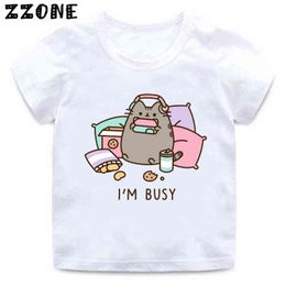 Boys Girls Kawaii Fat Cat Cartoon Print T shirt Kids Funny Clothes Children Summer Fashion Cute Tops Baby T-shirt G1224