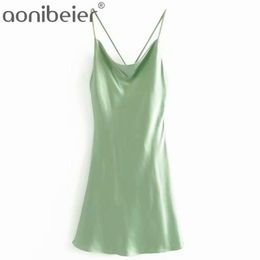 Green Satin Party Mini Dress Summer Fashion Sleeveless Draped Collar Cross Back Women Casual Spaghetti Strap 210604