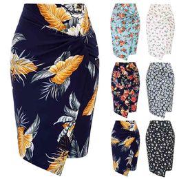 Women's Floral Printed Urban Casual Bag Hip Skirt Office Lady Fashion Bodycon Mid-Length Irregular Knots Solid Color Skirts 210517