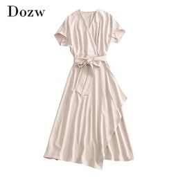 Women V Neck Solid Casual Dresses Short Sleeve Midi Summer A Line Khaki Sashes Ladies Sundress Robes 210515