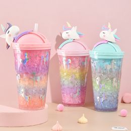 450ml Acrylic Skinny Tumblers Matte Colors Double Wall Tumbler Coffee Drinking Plastic Sippy Cup With Lid Cute Unicorn Mug Christmas gif