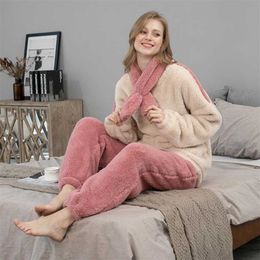 Fleece Pyjama Set Women's Solid Long Sleeve Winter Terry Ladies Pijama Suit 2 Pcs with Pants Thick Warm Home Clothes Female 211215