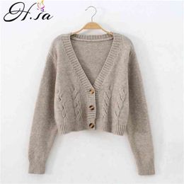 H.SA Women Cardigans Spring Short Cropped Button Up V neck Twisted Knitted White Cardigan Sueter Feminino 210914