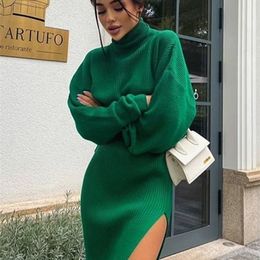 Tawnie Knitted Midi Skirt Dress Set Women Matching Casual Turtleneck Sweater Top and Split Skirts Winter Two Piece 220302