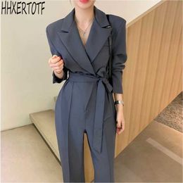 spring summer Casual Jumpsuits Romper Women long Sleeve V neck Sashes Loose Jumpsuit Overalls 210531