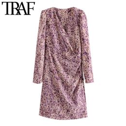 TRAF Women Chic Fashion Leopard Print Draped Mini Dress Vintage V Neck Long Sleeve Female Dresses Mujer 210415