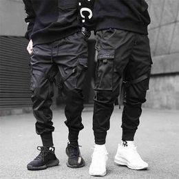 Men Cargo Pants Black Ribbons Block Multi-Pocket Harem Joggers Harajuku Sweatpant Hip Hop Casual Male Trousers 210715