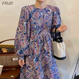 Spring Autumn Women Elegant Puff Sleeve Floral Print Dress Casual Seaside Beach Vintage Bohemia Long 210423