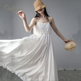 Summer Women White Long Beach Spaghetti Strap Vintage Cotton Lace Maxi Slip Dress 210415