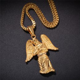 Hip Hop Stainless Steel Gold Lady's Angel's Wings Pendant For Women Men Jewelry Necklace With Stones