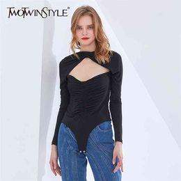 Sexy Knitted Jumpsuit For Women O Neck Long Sleeve Hollow Out Slim Bodysuit Female Fashion Clothing 210521