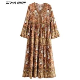 Bohemia V neck Orange Leaves Floral print Dress Ethnic Woman Flare Long Sleeve Stitching Pleated Hem Dresses Holiday Beach 210429