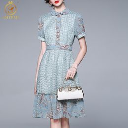 Fashion Designer Summer Dress Women Puff Sleeve High Waist Embroidery Floral Print Patchwork Vintage Mermaid Dresses Vestidos 210520