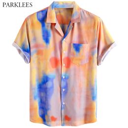 Tie-dye Splash Ink Summer Mens Shirt Fashion Casual Chemise Homme Lapel Button Mens Short Sleeve Shirt with Pocket Streetwear 210524