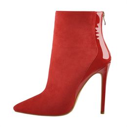 Pointed Toe Ankle Booties Red Flock Patchwork Patent Leather Thin High Heels Boots Zipper Concise Office Lady