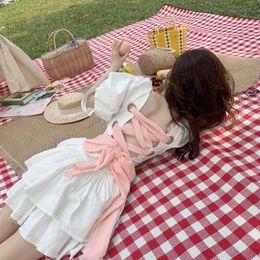 French Vintage Puff Sleeve Fairy Dress White Bandage Designer Mini Korean Summer Y2K Clothing 210604