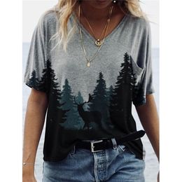 Summer Painting Print V Neck Short Sleeve Tshirt Women Clothes Casaul Streetwear Tops Female Loose Harajuku Tee Camisetas Mujer 210406