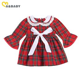 1-6Y Christmas Kid Baby Girls Long Sleeve Plaid Dress Bow Tutu Party es For Xmas Year Red 210515