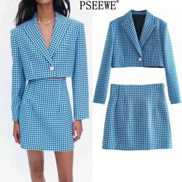 Summer Suit Za 2 Piece Set Women Sets Blue Plaid Cropped Blazer Suits Elegant Office Casual High Waist Mini Skirt Female 210708