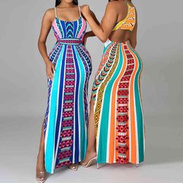 Backless Long Summer Dresses For Women Slit Boho Beach Dress Sexy Bohemian Maxi Dress Woman Party Night 210521