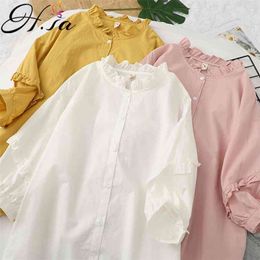 Hsa Blouses for Women Fashion White Shirts Pink Peter Pan Collar Cute Pure Cotton Summer Top Chic Harajuku Blouse 210430
