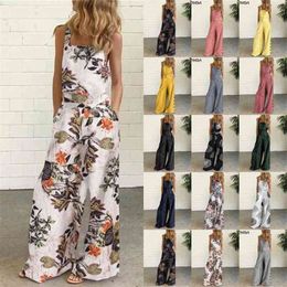 Casual Cotton And Linen Printed Button Trim Suspenders Jumpsuit Loose Sleeveless Square Collar Pockets Long Rompers Women 210517