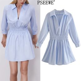 Dress Blue Short es Summer Woman V Neck Long Sleeve Mini Women Fashion Elastic Waist Casual es 210519