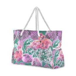 Shopping Bags Big Tote Bag For Women Summer Beach Nylon Fabric Soft Large Handbag Female Large Vintage Succulents And Flamingos Top-Handle Bag 220310