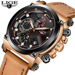 Reloje LIGE Men Watch Male Leather Automatic date Quartz Watches Mens Luxury Brand Waterproof Sport Clock Relogio Masculino 210527
