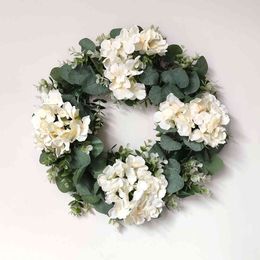 White Hydrangea Green Leaves Eucalyptus Garland Home Decor Artificial Flowers Wreath For Window Display Door Ornament